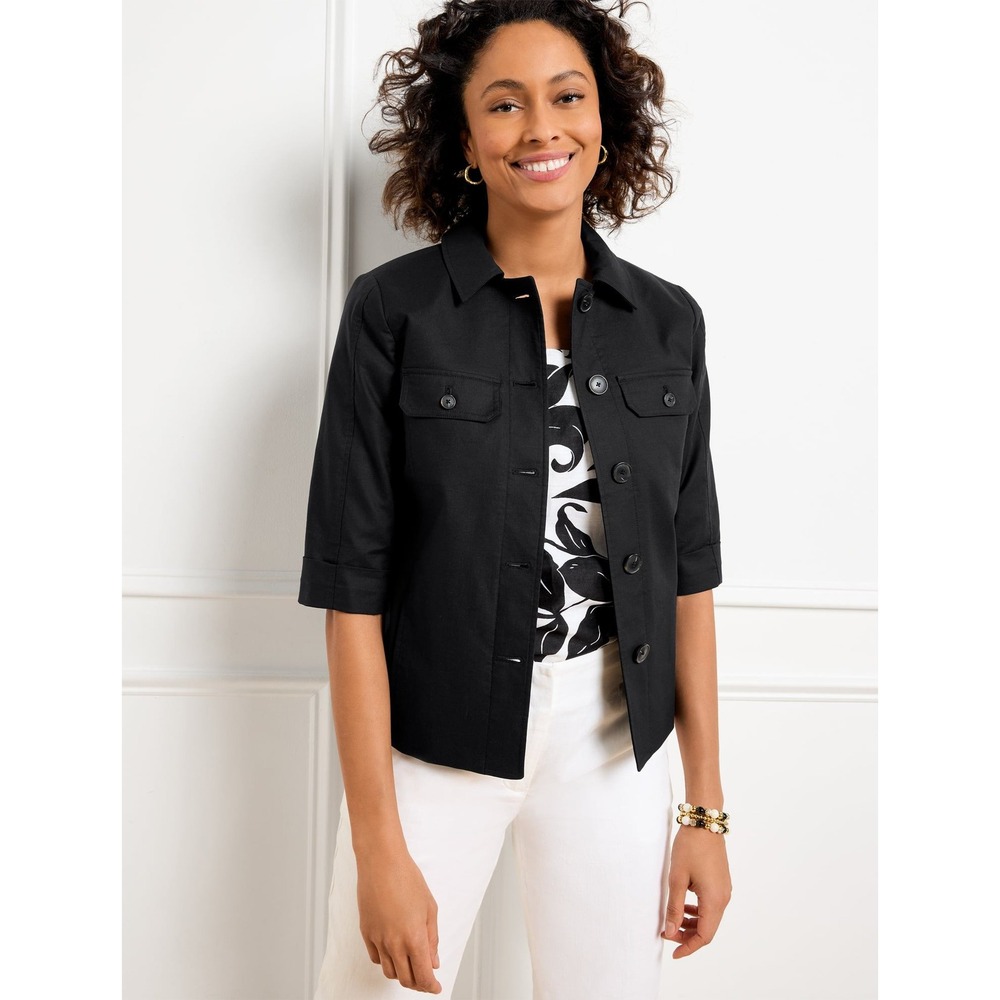 Talbots Jacket Womens 14 Black Slub Twill Blazer Floral Lining Button Front